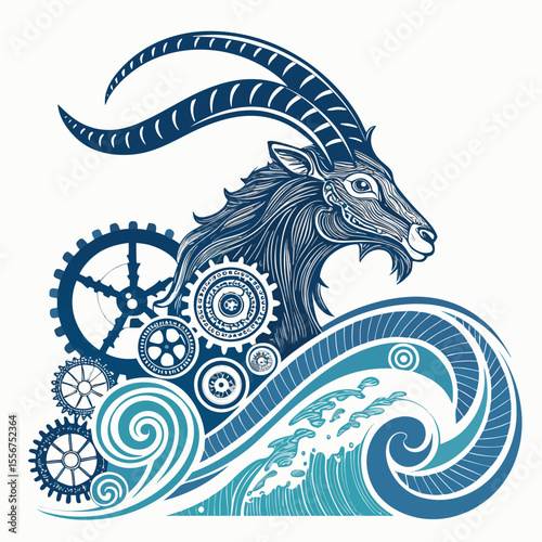 Steampunk Capricorn merges with aquatic elements. Intricate clockwork gears intertwine with ocean waves.