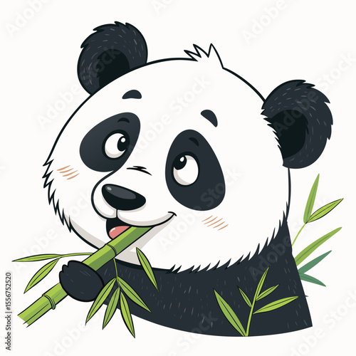Adorable cartoon panda head, chubby cheeks, big eyes, holding bamboo. Illustration for kids.