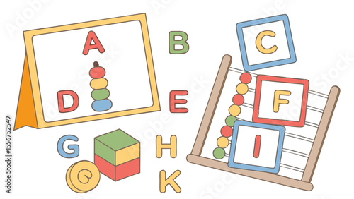 Illustration of alphabet letters and abacus with colorful beads and stacking toy for early learning, total 100