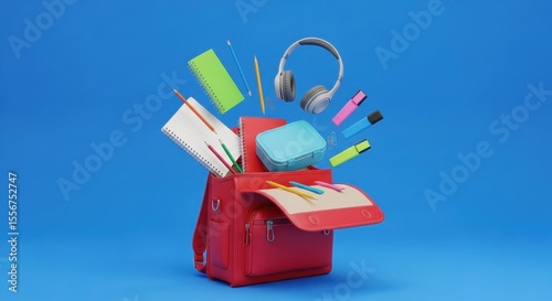 Colorful School Supplies Flying Out of a Red Backpack Ready for Adventure