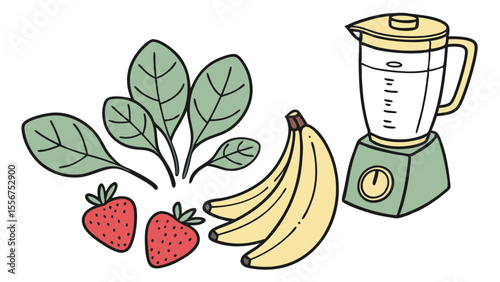 Illustration of a blender with spinach, bananas, and strawberries prepared for a smoothie recipe