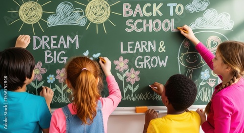 Back to school children learning and drawing on blackboard with chalk