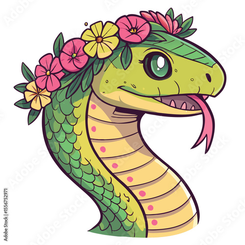 Cute chibi snake head wearing a flower crown, tiny, stylized, vibrant, adorable serpent illustration.