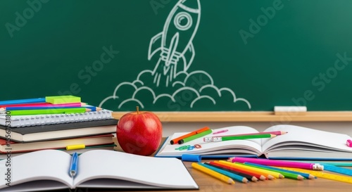 Back to School Classroom Rocket Launch Education Concept with Supplies