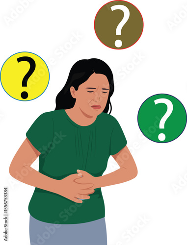 Confused Woman Feeling Stomach Pain Discomfort