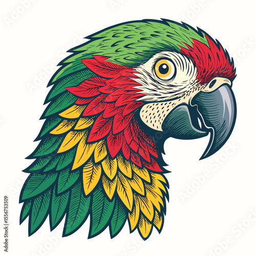 Intrigued parrot head portrait, vibrant plumage, bright eyes, curious expression, detailed feathers, close-up.