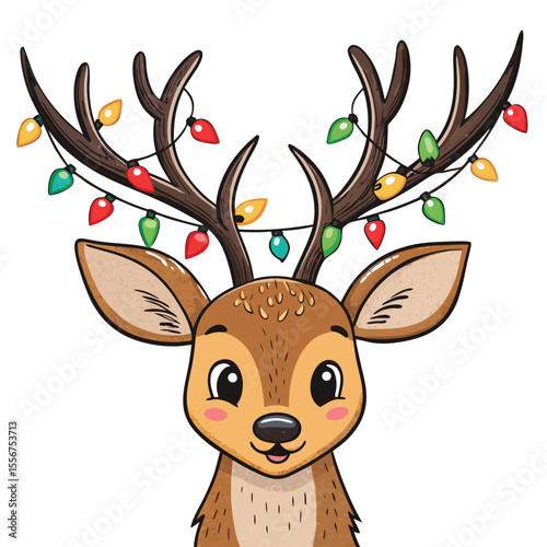 Adorable fawn head adorned with twinkling Christmas lights on antlers. Brown fur, cute eyes, soft lighting.