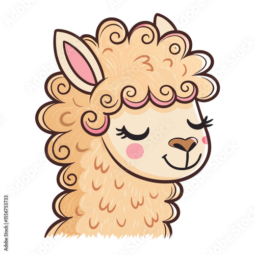 Adorable alpaca head portrait, soft curly fur, serene closed eyes. Gentle, peaceful, fluffy.