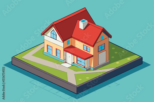 Isometric vector illustration of a residential house with a roof and windows, ideal for real estate and construction business