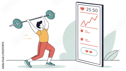 Man lifting barbell overhead next to a large phone screen displaying health statistics and heart rates