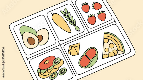 Illustration of a divided lunch tray with avocado strawberries cheese pizza and other food items inside it