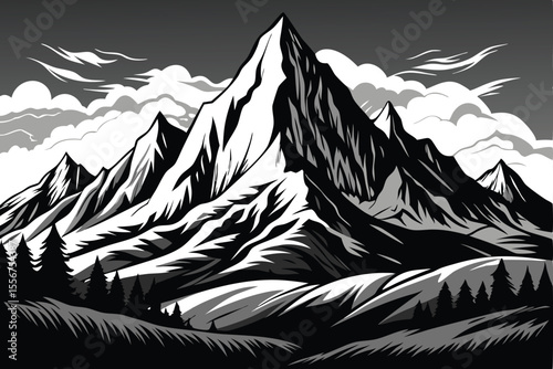 Snowy mountain range vector illustration with trees under a cold blue sky