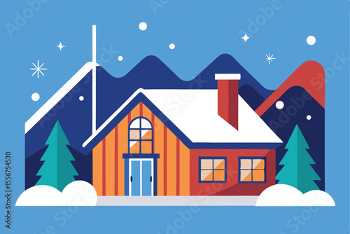 Cozy winter village houses nestled in a snowy Christmas landscape with twinkling lights under a night sky