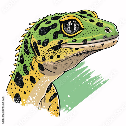 Adorable lizard head, spotted skin, blinking eye. Cute reptile portrait. Focus on details, vibrant colors.