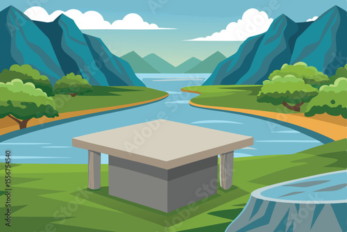 Mountainous summer landscape: green fields and forests reflected in a serene lake under a clear sky