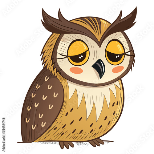 Adorable owl head, sleepy eyes, small beak, feathery brow. Soft, gentle, cartoon, cute, charming.