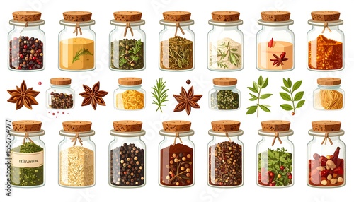 Various spices in glass jars