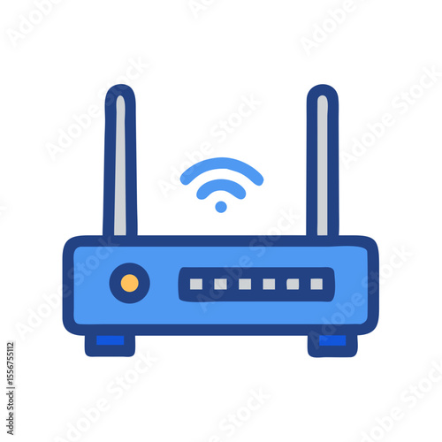 Blue wireless router icon with antennas and Wi-Fi symbol