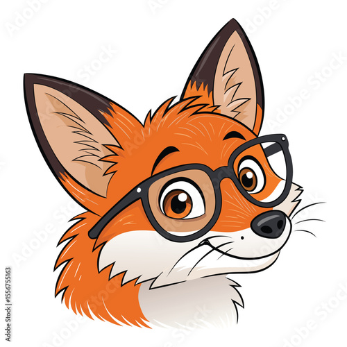 Fox cub head portrait, wearing round glasses, curious expression, gentle smile, photorealistic detail.