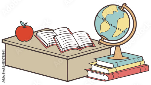 Illustration of a desk with books, an apple, and a globe, representing education and learning space