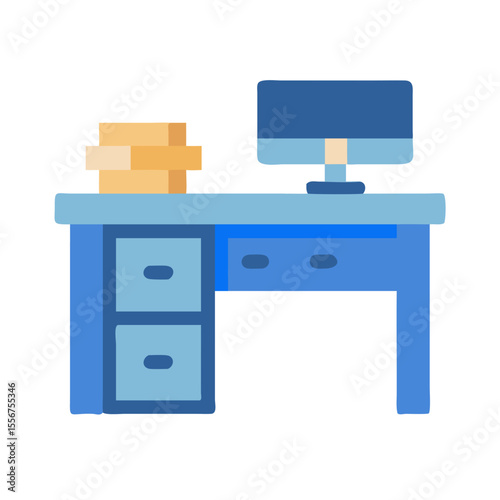 Stylized blue desk with monitor and stacked box icon