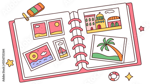 Open photo album with vacation pictures and eraser on top, with stars and a life preserver around it