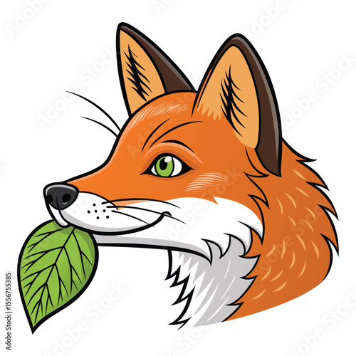 Cartoon fox head, leaf on nose, giggling, joyful, funny expression. Cute illustration.