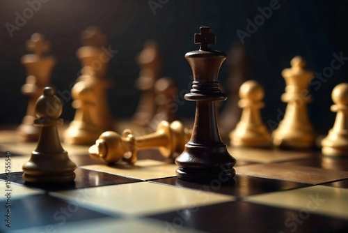A dramatic close-up of a chessboard, highlighting a checkmate situation; one king surrounded, the other toppled The concept of triumph and defeat is powerfully illustrated , challenge, chess, king