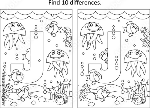 Letter J difference game and coloring page. J is for jellyfish.
