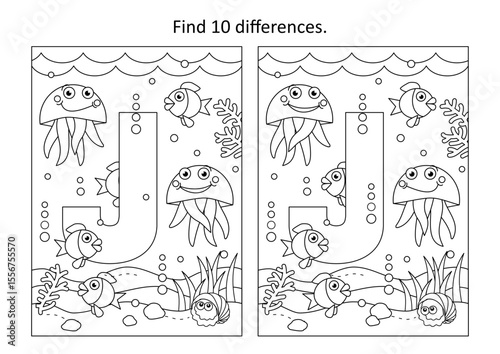 Letter J difference game and coloring page. J is for jellyfish.

