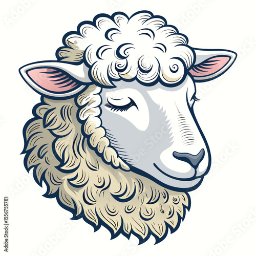 Close-up of a fluffy sheep head with closed eyes and thick, tightly curled white wool.