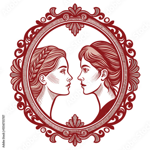 Twin faces reflected in antique Victorian mirror. Symmetry, duality, portrait. Gemini zodiac sign.