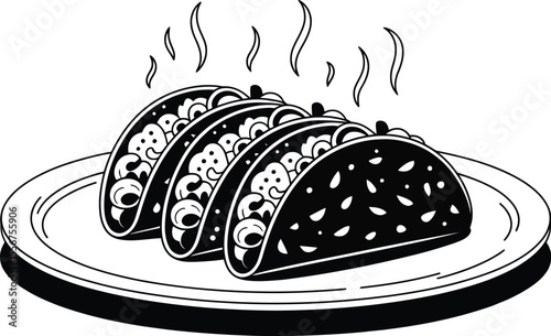 Black and white drawing of three tacos on a plate with steam rising