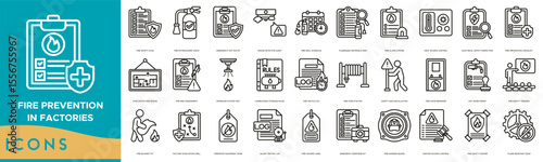 Fire Prevention in Factories Icon set. Fire Safety Plan, Fire Extinguisher Check, Emergency Exit Route, Smoke Detector Alert, Fire Drill Schedule and Flammable Materials Sign