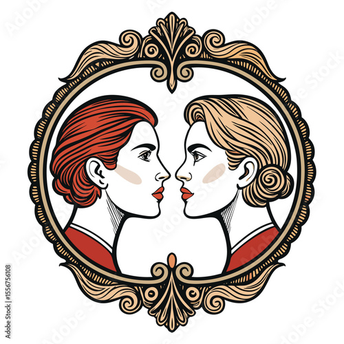 Antique mirror reflecting Gemini twins' faces, ethereal, surreal, symmetrical, vintage, astrological.