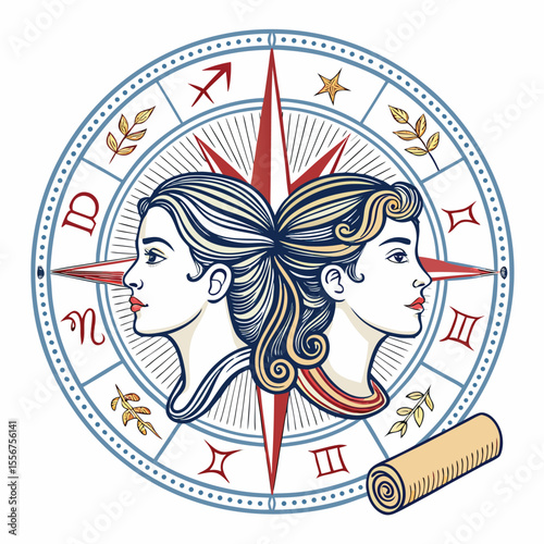 Gemini twins embrace amidst a swirling astrological compass, celestial bodies, and constellation chart.
