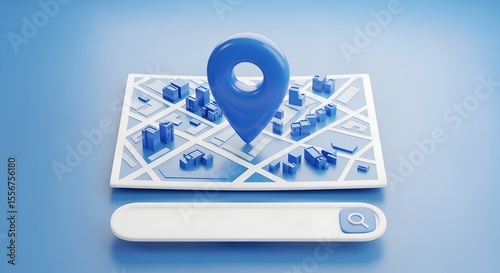 Stylized 3d map with blue location pin and search bar navigation