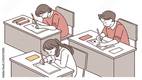 Three students sitting at desks in a classroom writing or drawing on paper with writing utensils