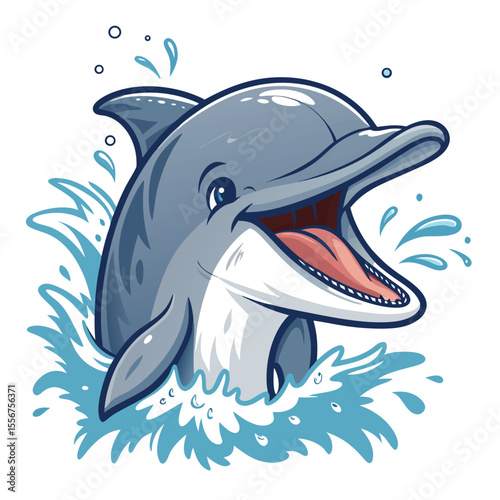 Joyful dolphin head emerges from splashing water, beaming smile, letter 'm' detail.