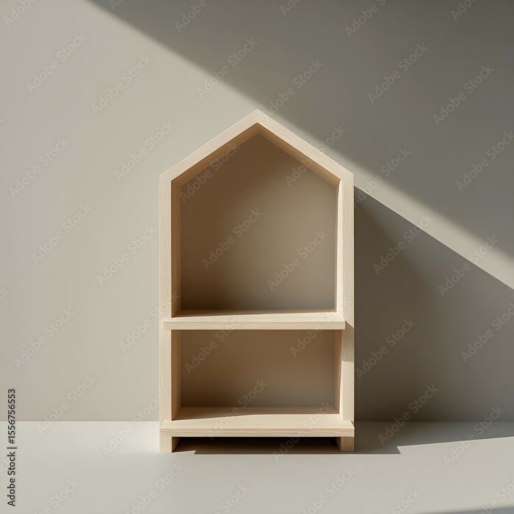 Fototapeta premium Beige, minimalist, wooden house-shaped shelf, empty and displaying natural light.