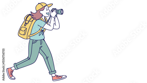 A woman with a backpack and a camera taking a picture while walking on a white background illustration