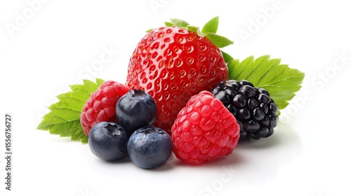 Ultra-realistic photo of mixed berries (including strawberries, blueberries, and blackberries) on a white background. Displays the natural color and texture of each fruit.