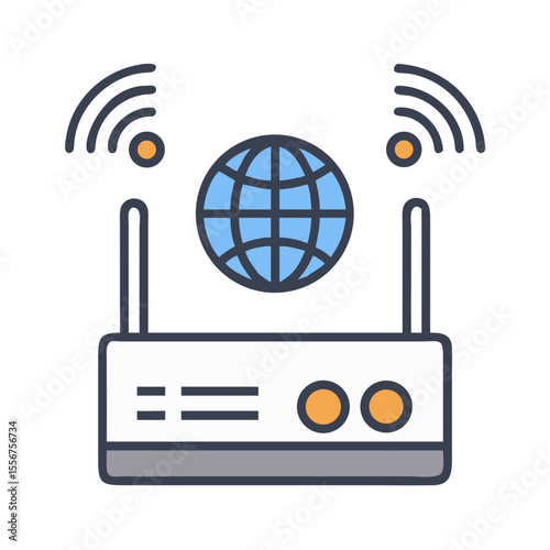 Flat design wireless router with global internet connection icon