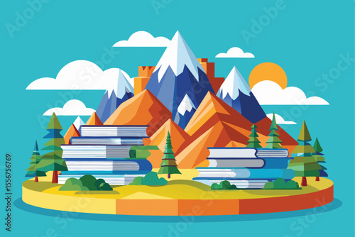 Vibrant cartoon vector illustration of a summer landscape with mountains, a cozy house, a tranquil sea, and a lush forest under a bright sky