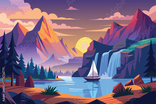 Vibrant vector nature landscape illustration of a sunset over mountains with a tent by the lake, perfect for travel and camping designs