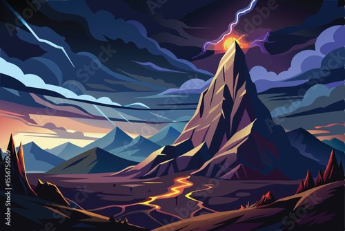 Winter mountain landscape illustration with abstract art and night sky, featuring camping in the snow near a frozen lake