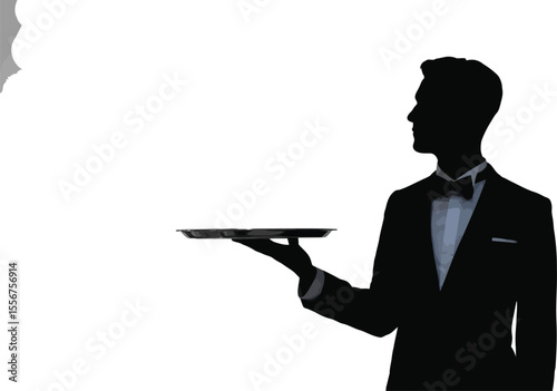 Silhouette of a waiter holding a tray under a spotlight in a studio