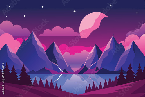 Blue winter night mountain landscape with snow, stars, and a tree silhouette