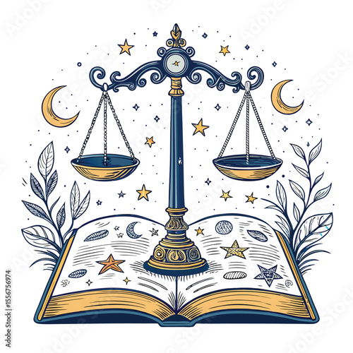 Libra scales hovering above a book displaying arcane symbols and magic signs. Open tome, mystical.