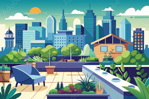 Morning cityscape with urban architecture and a river, illustrating a vibrant downtown business district